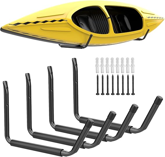 WALMANN Kayak Storage Rack, 4 Pack Heavy Duty Wall Mount Kayak Hooks for Garage Utility Storage Hangers for Canoe Surfboard Skiis Snowboard Paddle Board Ladders