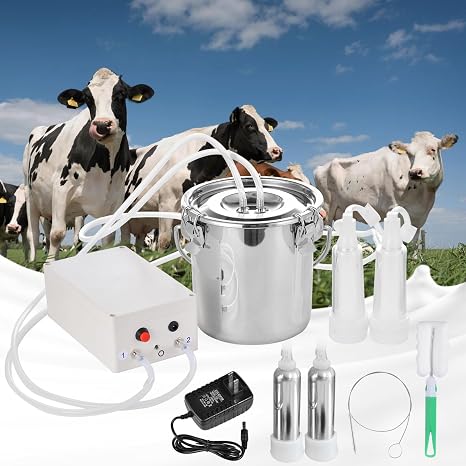 Goat Milker, 5L/1.32Gal Cow Milk Machine Electric | Portable Electric Milking Machine with 2 Teat Cups Stainless Steel Bucket for Cows, Goats, Sheep