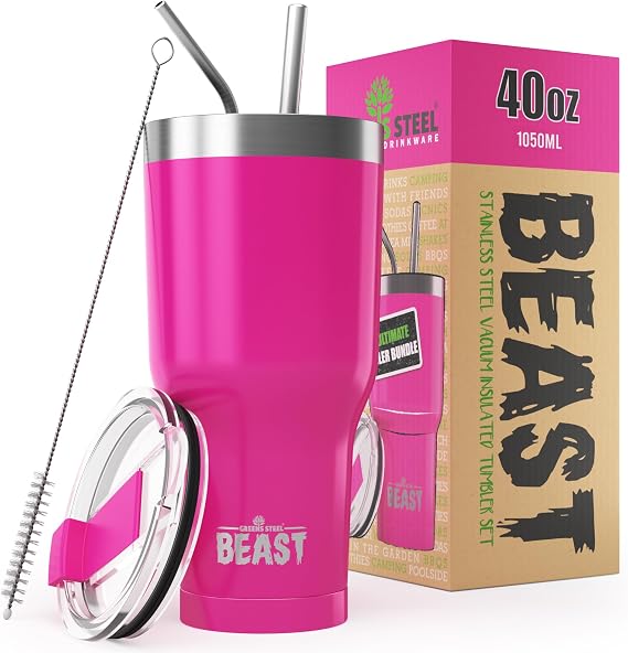 Beast Tumbler - 1050 ml (40 oz), Cup Cake Pink | Reusable Stainless Steel, Vacuum Insulated Cup | with + 2 Straws & Cleaning Brush | Double Wall Travel Flask Perfect for Hot or Iced Coffee | BPA Free