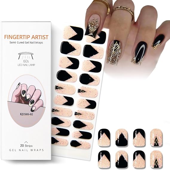 Semi Cured Gel Nail Strips 20Pcs Gel Nails for Use with Any UV/LED Nail Lamp Easy to Apply and Remove Nail Art Stickers for Women (Gold Glitter)