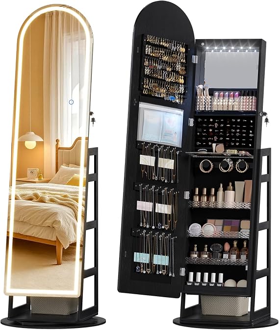 LVSOMT LED Arched Mirror Jewelry Cabinet Standing, Lockable Jewelry Armoire
