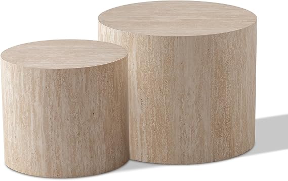 Travertine Round Drum Nesting Coffee Table Set of 2