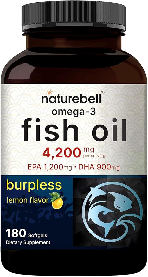 NatureBell Omega-3 Fish Oil - 180 Softgels - Support for Joint, Brain & Heart Health* - with EPA & DHA - No Burps or Fishy Aftertaste - Non-GMO & Mercury-Free Formula - Lemon Flavor