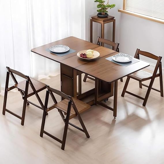 Foldable Dining Table and Chair Set, Bamboo Extendable Wooden Drop Leaf Kitchen Table with Storage Saving Space for Kitchen Dining Table and Chair Set (Color:Brown)