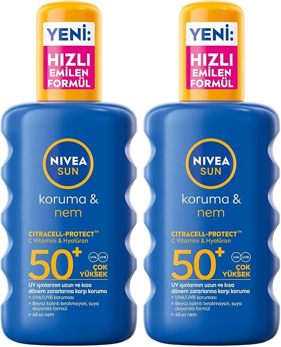 NIVEA SUN SPF50 Yüksek Güneş Koruyucu ve Nemlendirici Vücut Spreyi 200ml, UVA UVB Koruması, Suya Dayanıklı (2 paketi)