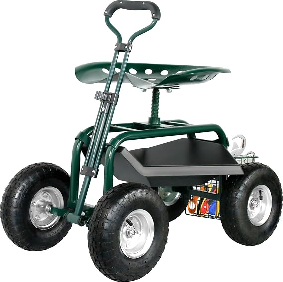 AQNIEGEP Garden Cart with Seat Rolling Garden Work Seat Garden Stool with Wheels Wagon Scooter for Lawn Yard Patio Planting with Extendable Steer Handle Storage Basket 360 Swivel Seat Manual Pump