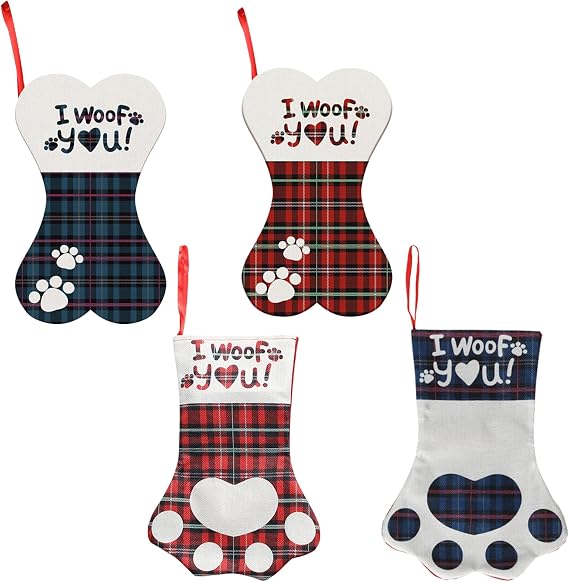 PLUSHCEWT 4 Pcs Hanging Christmas Stocking Pet Paw Shape Bone Shape Pet Christmas Stocking Holiday Christmas Decorations Ornaments Sack Gift for Christmas Tree Dog Cat Stockings
