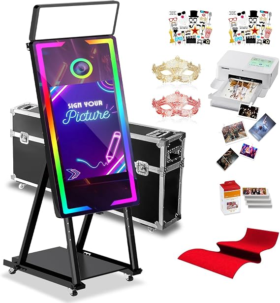 Mirror Photo Booth Touch Screen with Printer,45" Photo Mirror Booth with 22" Touch Screen Built-in PC,Flight Case,Instant Print and Share Professional Photography for Party(Black Booth+Printer)