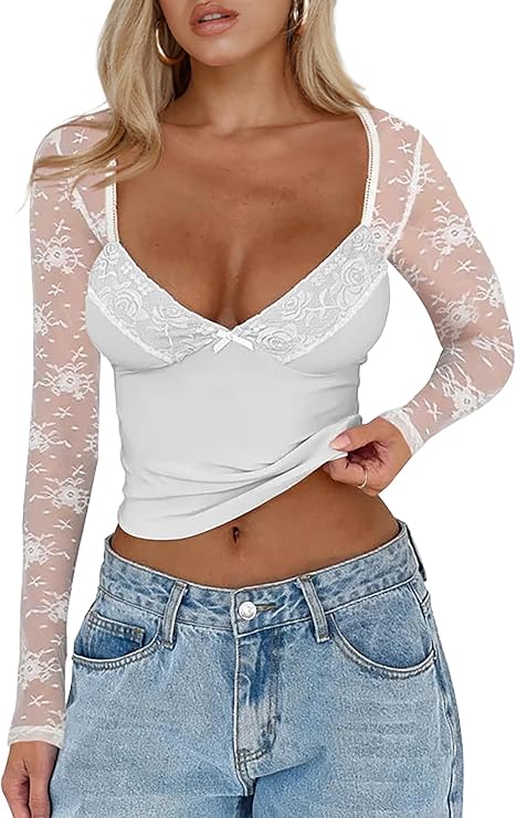 CSDAJIO Women's Sexy Going Out Tops for Women Sweetheart V Neck Long Sleeve Lace Top Low Cut Shirt