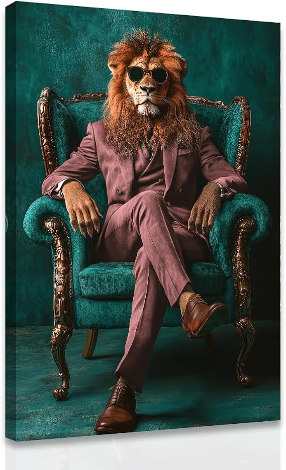SWQYLB Lion Wall Art Animal Wearing a Suit Pictures Framed Lion King Canvas Painting Funny Wildlife Prints Artwork Man Bedroom Office Decor (12L x18W)