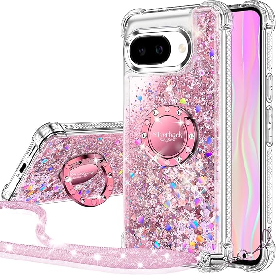 Silverback for Google Pixel 9A 5G Case with Ring Stand, Clear Pink | Moving Liquid Holographic Sparkle Glitter, Kickstand, Bling Diamond Ring, Cute Protective Cover for Women Girls
