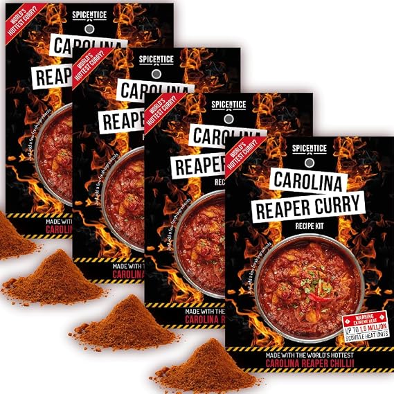 SPICENTICE Carolina Reaper Worlds Hottest Curry Powder Recipe Kit - 4 Pack (Serves 16) - 100% Natural Hand Blended Spice – Made in UK (4 Pack)