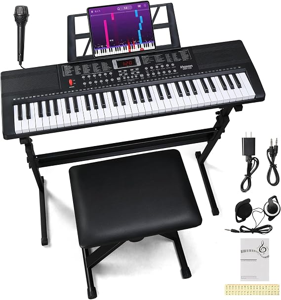 Ktaxon 61 Key Keyboard Piano Electric Keyboard | Electric Piano Set | Includes Headphones, Microphone, Music Rest, H Piano Stand, Piano Bench & Stickers |3 Teaching & Dual Power (Classic Black)