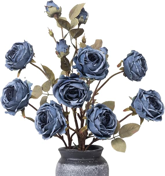 LFF 12 Blooms Dusty Blue Roses Artificial Flowers, 4Pcs Vintage Faux Silk Roses Bouquet with Long Stems,Fake Dried Flowers for Vase Filler Indoor Home Table Centerpiece, Weddings, Parties Decor
