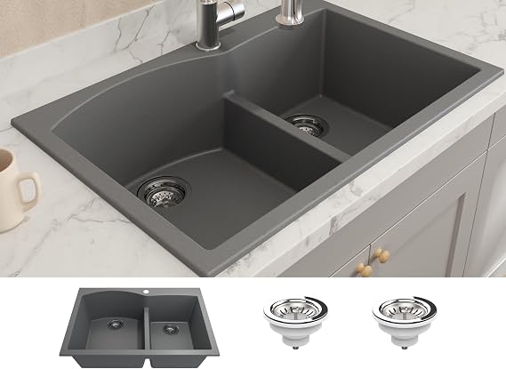 Hyperion 33D Dual-Mount Granite Composite 33 in. 60/40 Double Bowl Kitchen Sink in Concrete Gray
