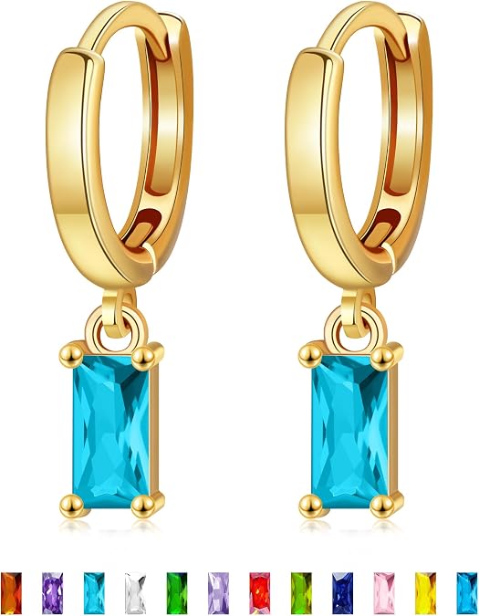 Dainty Gold Birthstone Small Huggie Hoop Dangle Earrings for Women Trendy, Hypoallergenic Baguette Crystal Diamond Drop Earrings Gifts