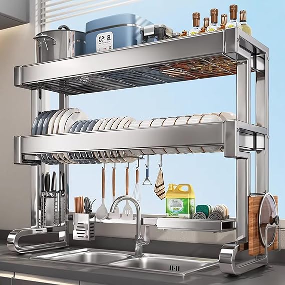 Stainless Steel 2-Tier Kitchen Dish Rack with Utensil Holder Sink Dish Drying Rack Dish Drainer for Kitchen Worktop Space-Saving Organiser Draining Basket (66 cm)