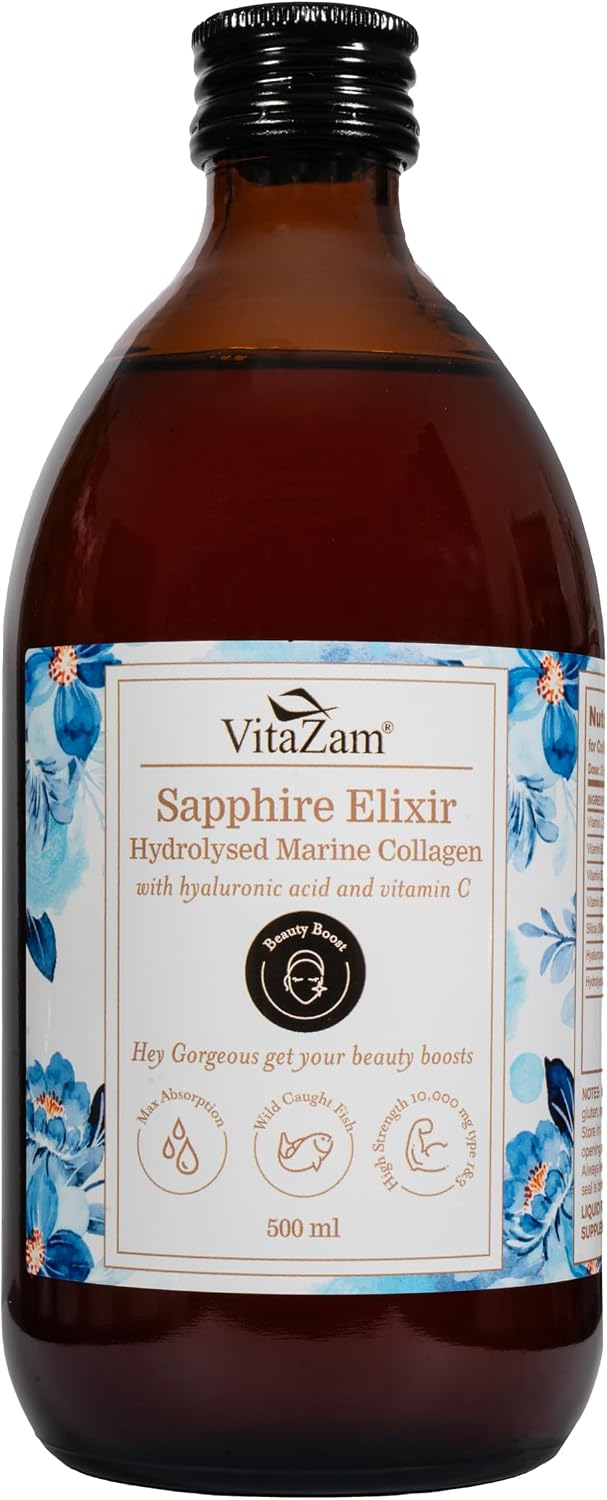Sapphire Elixir: Marine Collagen Liquid 10000mg with Hyaluronic Acid, Biotin, Silica, Vitamin B, C, D3, Sugar-Free for Skin, Hair, Nails, Joints, Muscles, 500ml