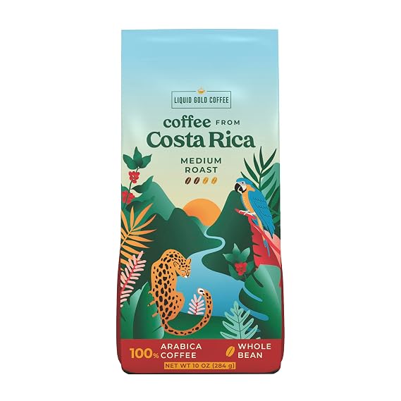 Coffee from Costa Rica, Medium Roast Whole Beans, by Liquid Gold, Fair Trade Certified, Single Origin, 100% Fresh Arabica Beans, Local Authentic Sourced Coffee from Coopeagri Farm, Made and Roasted Fresh in USA (1 Bag - 1O OZ)