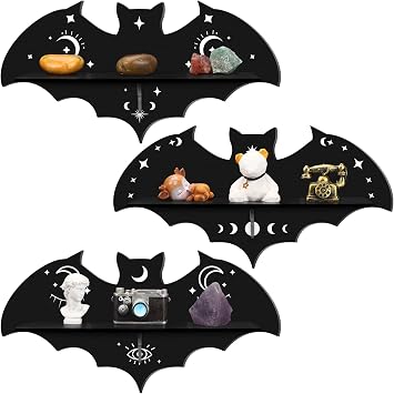 Geetery 3 Pcs Bat Floating Wall Shelf Black Gothic Wall Shelves Decor 15.74 Inch with Hooks for Halloween Party Living Room Bedroom Kitchen Bathroom