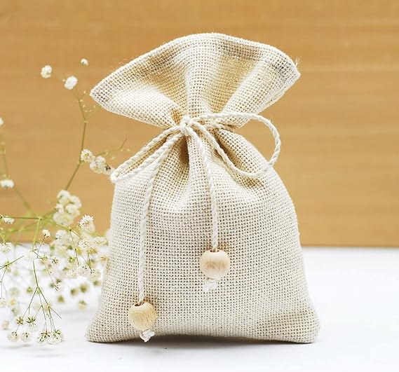 Bimotif 10 Adet Natürel Kese, Büküm Ipli Boncuklu 10X15 Cm (Bağcıklı Saklama Kesesi)