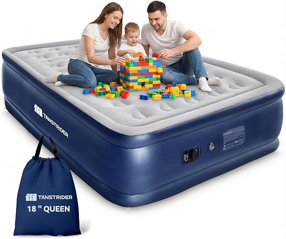 TANSTRIDER Queen Air Mattress with Built in Pump,18" Raised Blow up Air Bed,3 Mins Quick Self-Inflation/Deflation, Inflatable Mattress for Camping/Home/Guests/Travel (Blue) 
