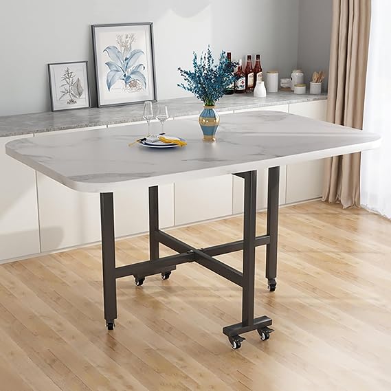 Folding Dining Table Drop Leaf Dining Table, Space Saving Extendable Dinner Table with 6 Wheels, Steel Pipe Bracket, Foldable in 3 Forms, for Small Spaces, Kitchen Bedroom Dining Room ( Color : White
