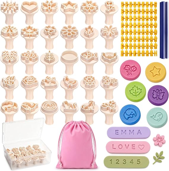 Pottery Stamps for Clay, 30 Pcs Polymer Clay Molds Set with 72 Character Letter Stamps, Floral Leaf Animal Stamp for Pottery, Ceramic, Cookie & Jewelry Making, Storage Box & Drawstring Bag