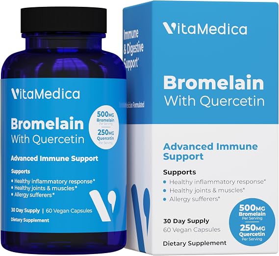 VitaMedica Bromelain & Quercetin Supplement - 500mg Bromelain 250mg Quercetin - 2400 GDU for Immunity, Joint Support, Inflammation and Muscle Recovery - 60 Vegan Capsules - 30 Servings