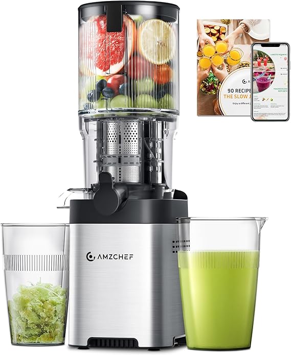 AMZCHEF Juicer with Two Snails for Automatic Feed and Mastication for Free Hands - Slow Juicer with 126 mm Opening and 2 Litre Capacity for Whole Vegetables and Fruits - Silver
