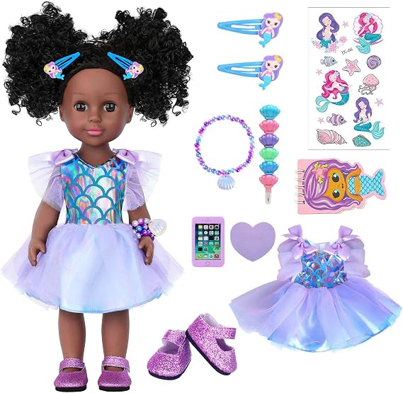 UZIDBTO 14.5 Inch Black Dolls Realistic Baby Doll Clothes and Accessories,Silicone African Baby Doll with Doll Princess Deep Sea Theme Dress Best Gift for Girls Kids