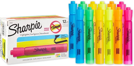 Sharpie Tank Style Highlighters, Chisel Tip, Assorted Colors, 12 Count