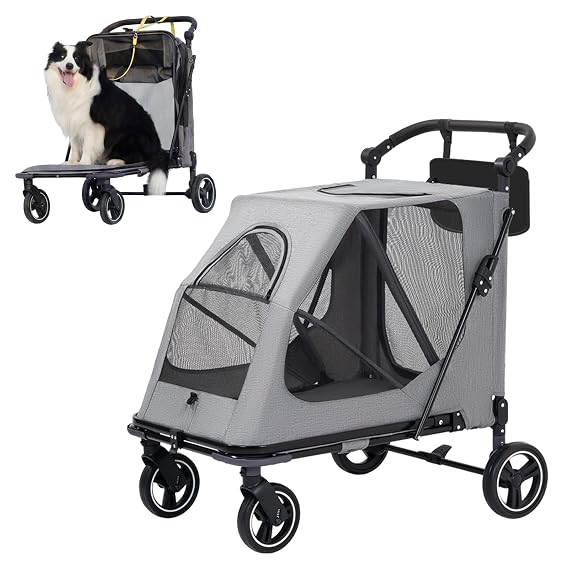 Dog Stroller for Large/Medium Dogs,Pet Stroller Up to 176 lbs,Extra Large Foldable Stroller for 2 Dogs Cats,Full-Open Sunshade Canopy,Adjustable Handle(Gray)