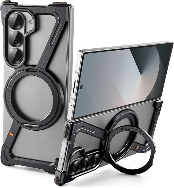 OATSBASF Minimalist Phone Case for Samsung Galaxy Z Fold 6, 360 Rotation Kickstand Aluminum Metal Frameless Design Bumper Z Case, Protective Shock Grade Shell, Black