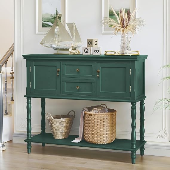 HOLTICO Console Table with Drawers and Storage Cabinets, Green Entryway Table Wooden Narrow Console & Sofa Tables for Hallway, Living Room, Bedroom