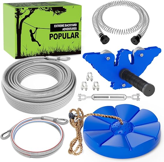X XBEN Zip line Kits for Backyard 65FT, Ziplines for Kids and Adults | Included Swing Seat, Ziplines Brake, and Steel Trolley, Outdoor Playground Equipment, ASTM/CPC, Easy Setup,Gift Package