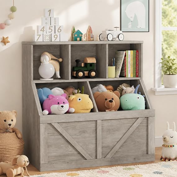 Kids Bookshelf and Toy Storage, Kids Toy Storage Organizer, Washed Grey