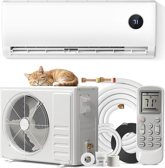 LifePLus 12000 BTU Mini Split AC Heating System, Ductless Mini Split Air Conditioner Inverter with Heat Pump, Super Quiet All-In-One Kit, 24H Timer, 115V/110V, 19 SEER2 Energy Efficient for 750 Sq.Ft