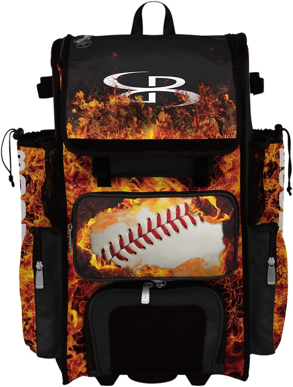 Boombah Superpack Hybrid Rolling Bat Bag - Fire Ball BlackOrangeWhite - Wheeled & Backpack Version
