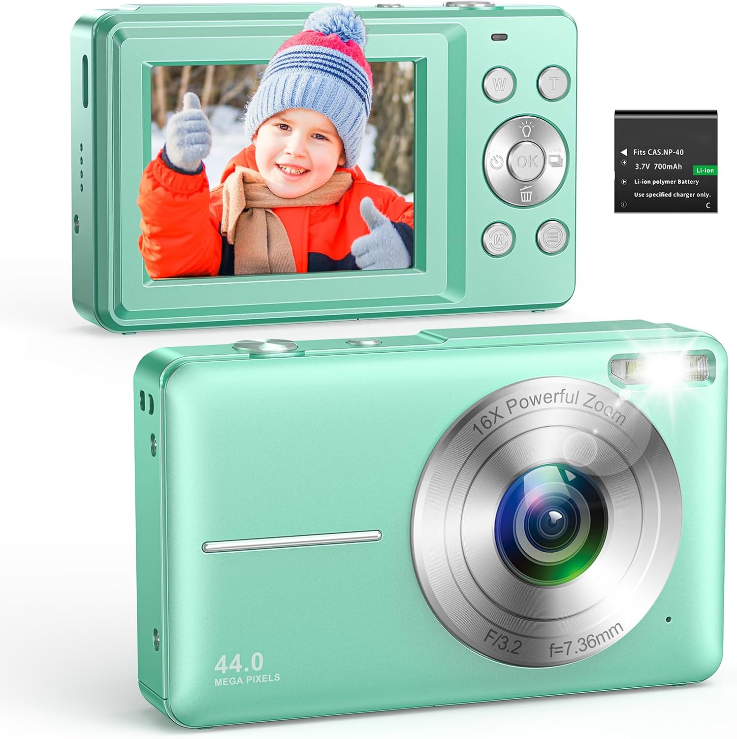 Digital Camera 44MP 1080P Compact Digital Camera 16X Digital Zoom Easy Vlogging Camera Portable Small Camera for Children Teenagers Seniors Beginners Green