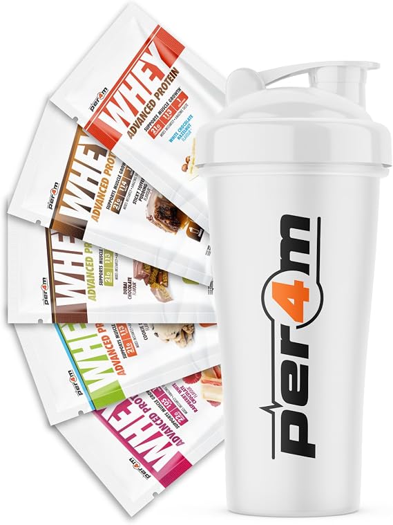 Per4m Advanced Whey Protein Powder Mixed Sachet Taster Pack & Multifunction Shaker | Low Sugar Protein Shake with Amino Acids | Perfect for Your Gym Bag and Travel (5 Sachets + Shaker)