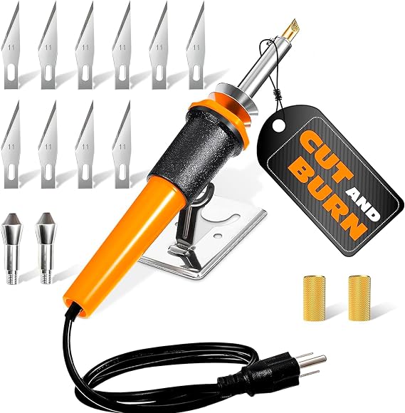 Hot Knife Plastic Cutter Tool Set; 30W Power Draw; 55 in Long Cable | Electric Hot Knife Cutting Tool for Plastic, Wood, and Foam; 10 Carbon Steel Blades, 2 Blade Holders, 1 Burning Tip Included