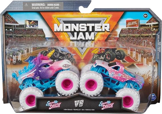 Monster Jam 2024 Official 1:64 Scale Diecast Truck 2-Pack (Series 28 Sparkle Smash vs Retro Sparkle Smash)