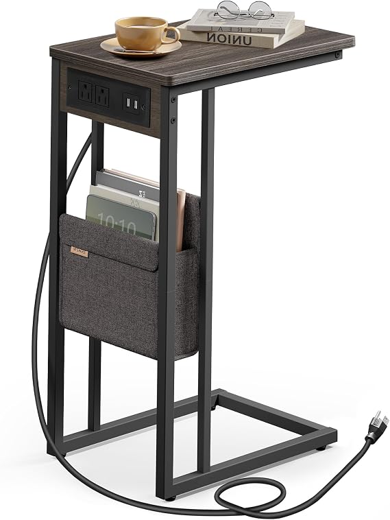 VASAGLE C-Shaped Side Table, End Table with Charging Station, 2 USB Ports and Outlets, C Table for Couch, Sofa, with Storage Bag, Adjustable Feet, for Bedroom, Living Room, Ash Brown ULET356K01