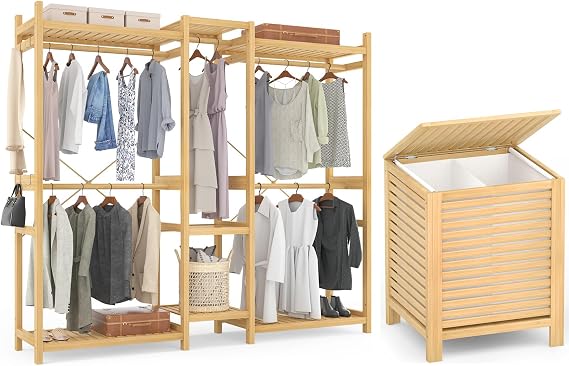 Homykic Bamboo Clothes Rack and Laundry Hamper Bundle, Natural