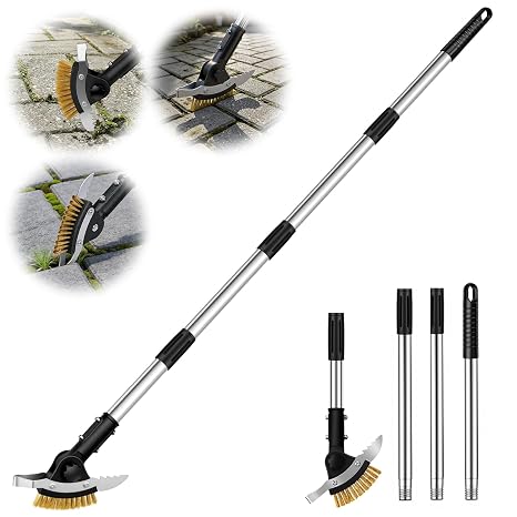 Hysagtek 3-in-1 Patio Weed Remover Tool with Long Handle - Crevice Weed Brush with Scraper Blade, Stand Up Crack Weeder, Heavy Duty Moss & Root Remover for Block Paving, Driveways, Garden Paths