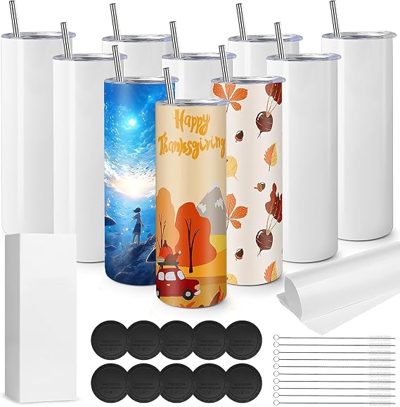 MSYU 10 Pack Sublimation Tumblers Bulk, 20 OZ Stainless Steel Double Wall Skinny Straight Tumblers Blank, Subbing Tumblers Cups with Sublimation Paper, Straw and Individually Box