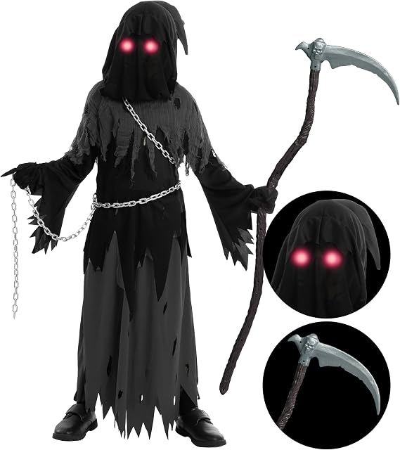 Spooktacular Creations Glowing Eyes Grim Reaper Costume for Kids, Halloween Costume for Boys, Halloween, Dress-up Party