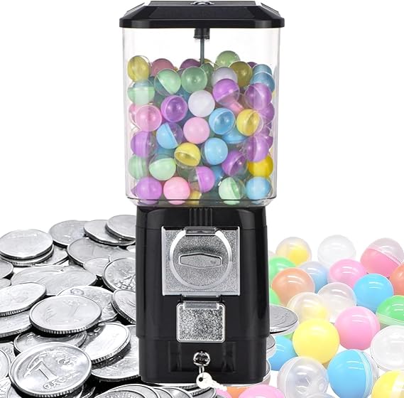 Candy Vending Machines,Coin Operated Bubble Gum Machine,200 Empty Balls, 100 Stainless Steel Tokens,Coin Operated Gumball Bank for Toy Capsules Bouncy Balls Candy,for Game Stores(Black)