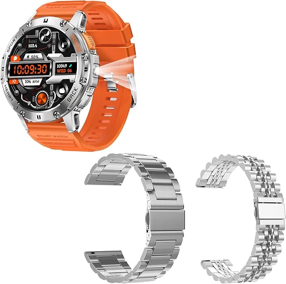 Military Smart Watches for Men with Bluetooth Call, 1.43" AMOLED Waterproof Smartwatch with Flashlight, 111 Sport Modes, 530mAh SpO2/Sleep Monitor Fitness Tracker for Android iOS (2 Bands)